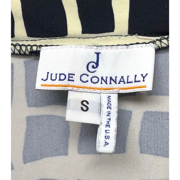 Jude Connally Dress Navy Cream Geometric Print Stretch Scoop Neck Ruffle Size S - Picture 3 of 5